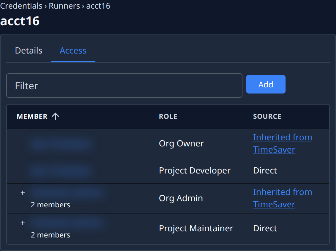 The Access tab: a Filter box, Add, and a table of members with their Role and Source