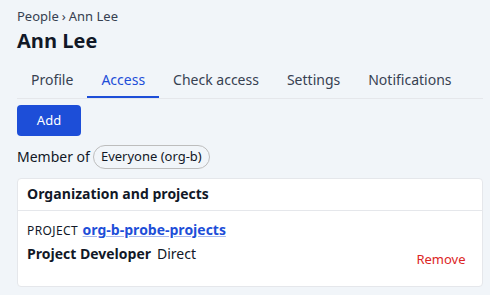 The Access tab: Add, Member of one group, then a Project Developer role held Direct with Remove