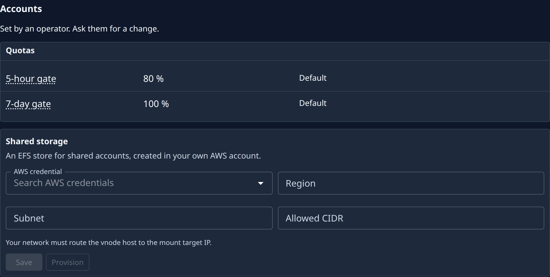 The Accounts category: the 5-hour and 7-day gates, and Shared storage
