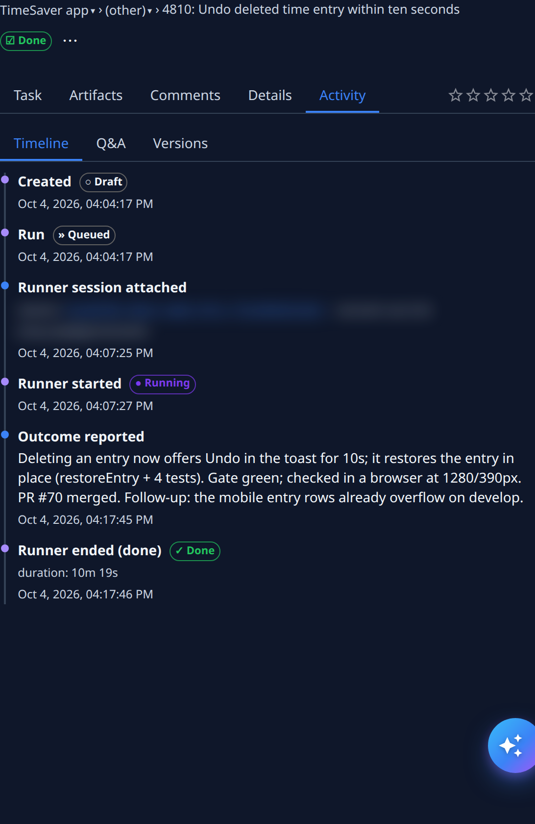 The Activity tab's Timeline: Created as Draft, Run as Queued, Runner session attached, Runner started as Running, Outcome reported, and Runner ended (done) as Done