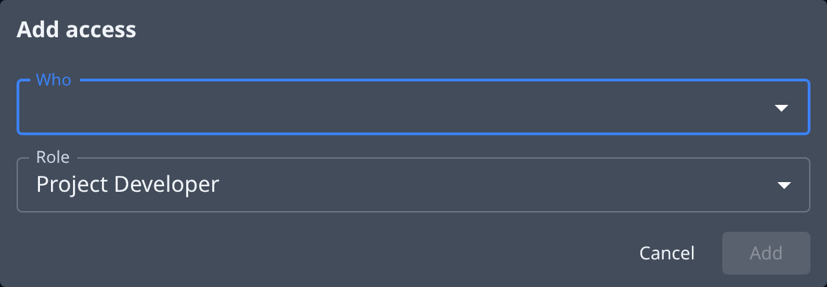 The Add access dialog: Who, Role, Cancel and Add