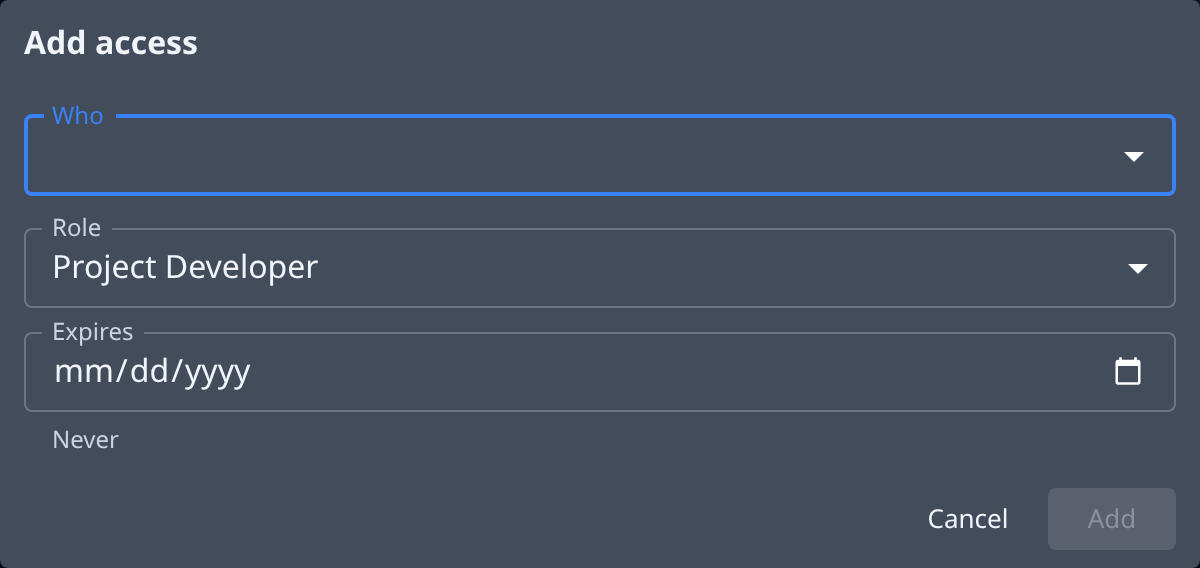 The Add access dialog: Who, Role, Expires, with Cancel and Add