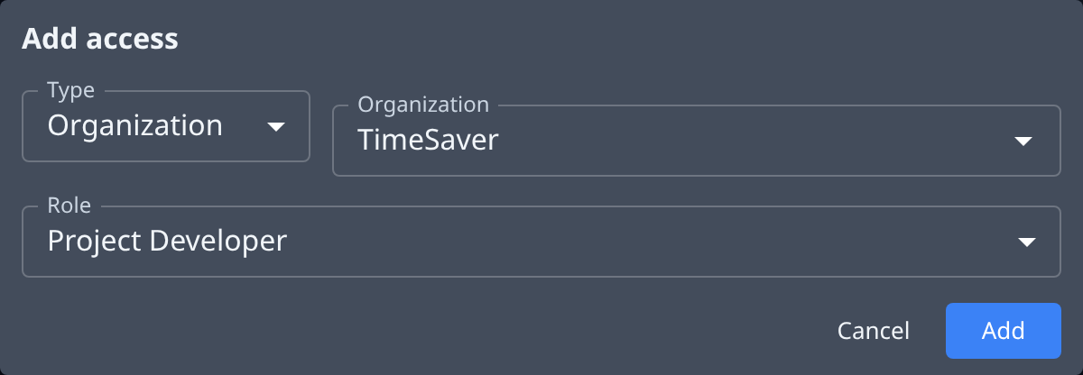 The Add access dialog: Type, Organization, Role, Cancel and Add