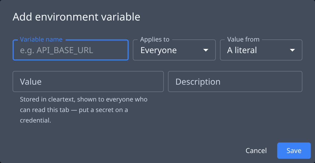 The Add environment variable dialog: Variable name, Applies to, Value from, Value and Description, with Cancel and Save