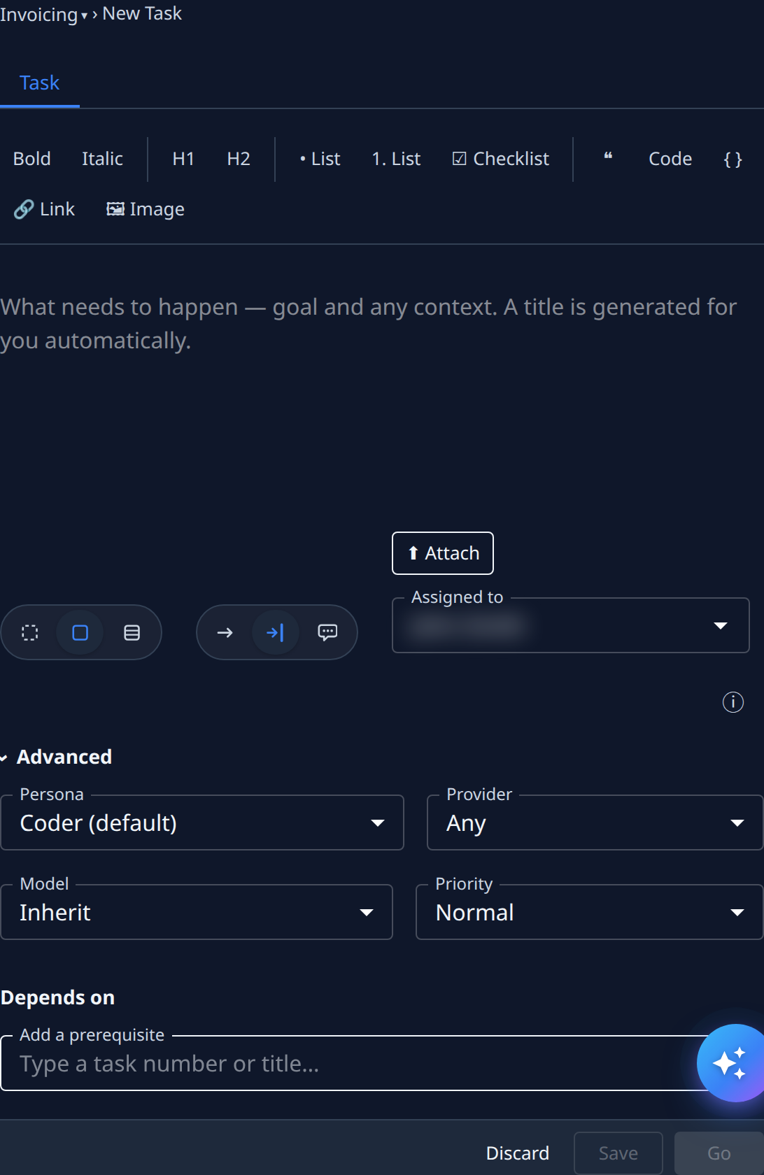 Advanced open: Persona, Provider, Model and Priority, and Depends on with Add a prerequisite