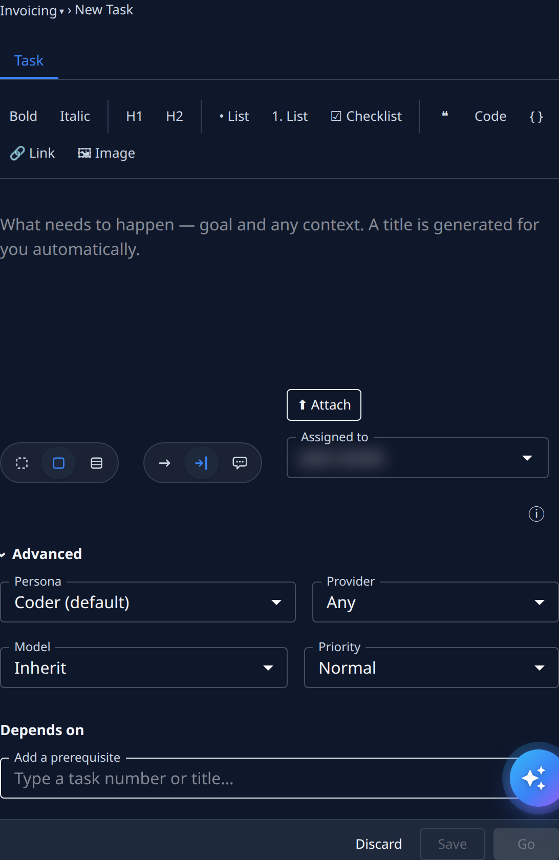 Advanced open: Persona Coder (default), Provider Any, Model Inherit, Priority Normal, and Depends on with Add a prerequisite