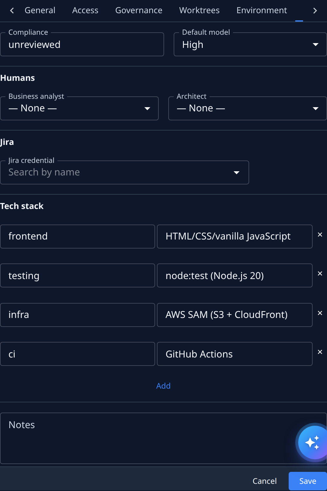 The Advanced tab: Compliance, Default model, Humans, Jira, Tech stack and Notes
