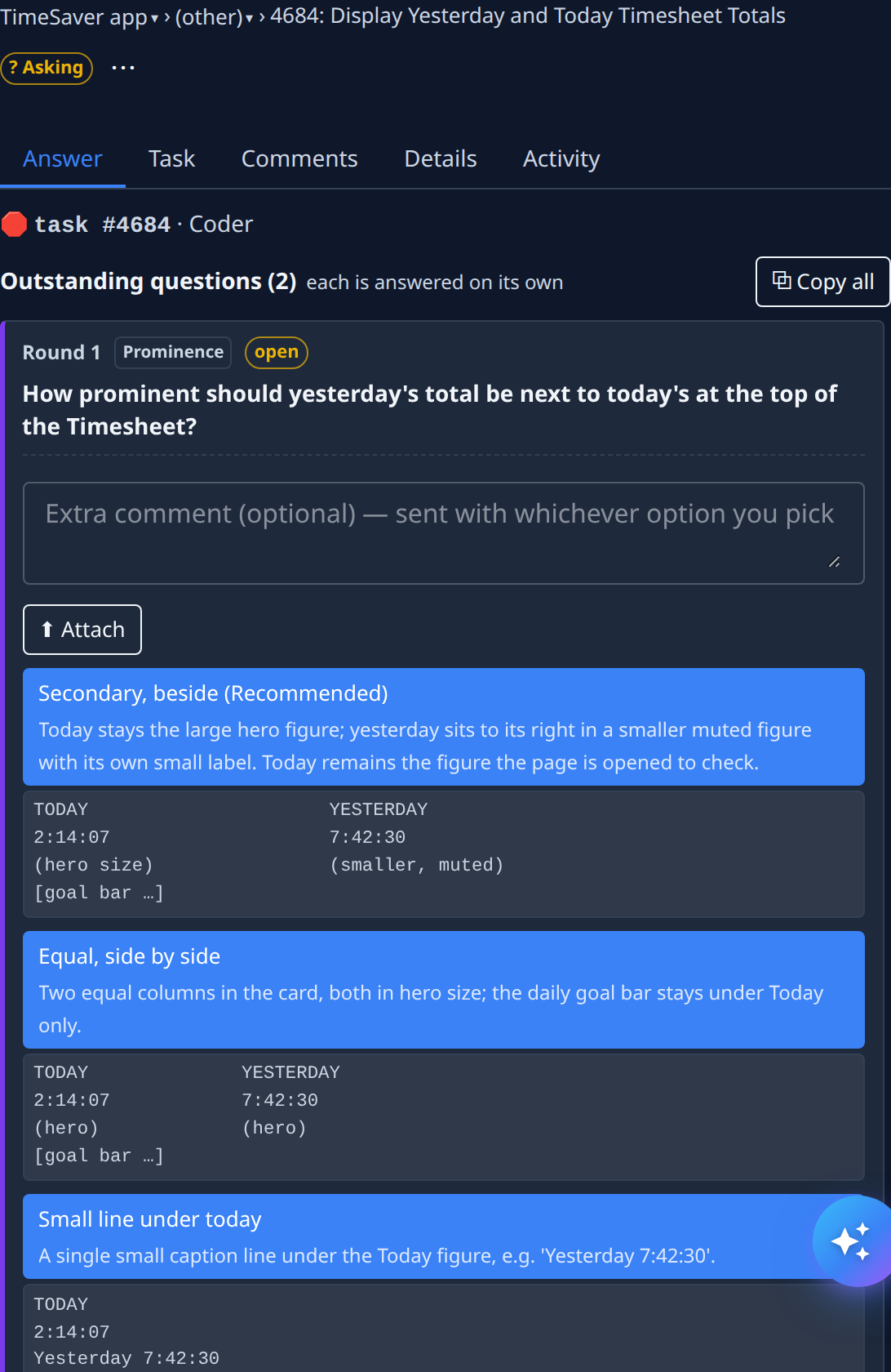The Answer tab: Outstanding questions (2), Copy all, and Round 1 with its question, an Extra comment box, the Attach button, and three options, the first marked Recommended