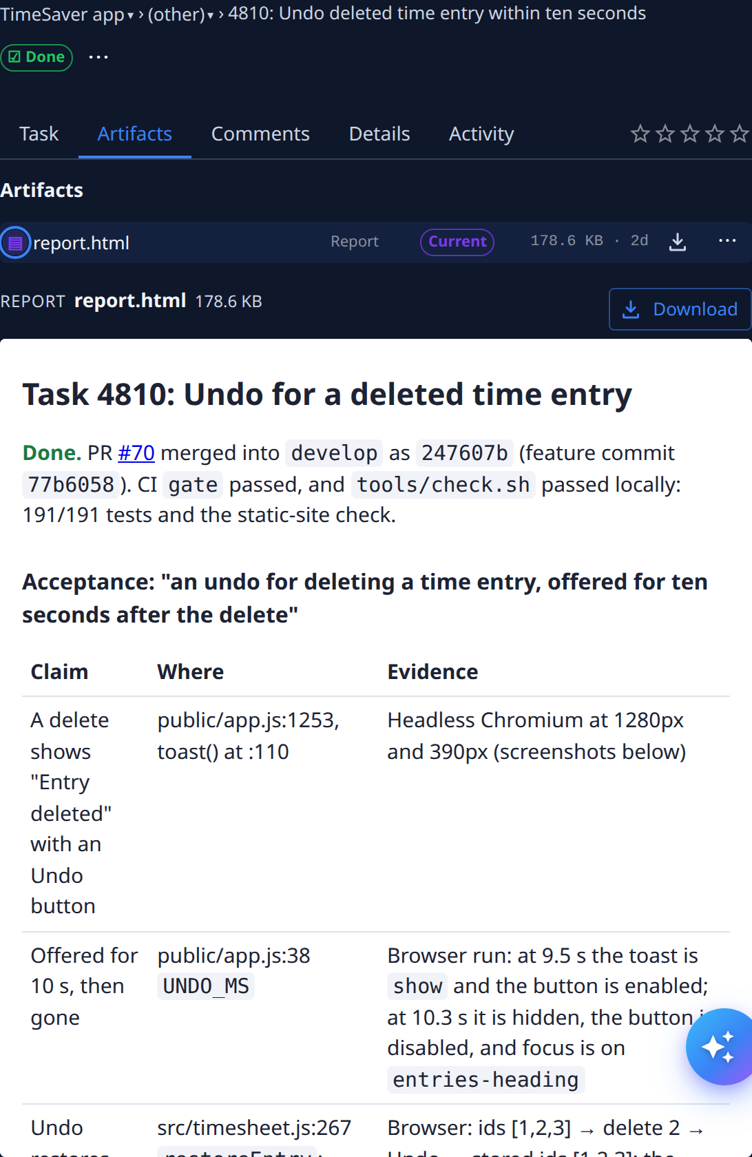 The Artifacts tab: report.html marked Report and Current, with its size, age and a download button, and the report previewed below with a Download button