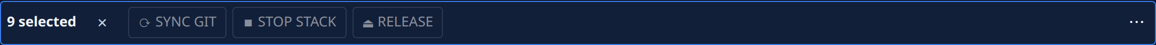 The selection bar: 3 selected, with Sync Git, Stop stack, Release and a ⋯ menu