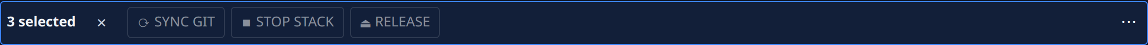 The selection bar: 3 selected, with Sync Git, Stop stack, Release and a ⋯ menu