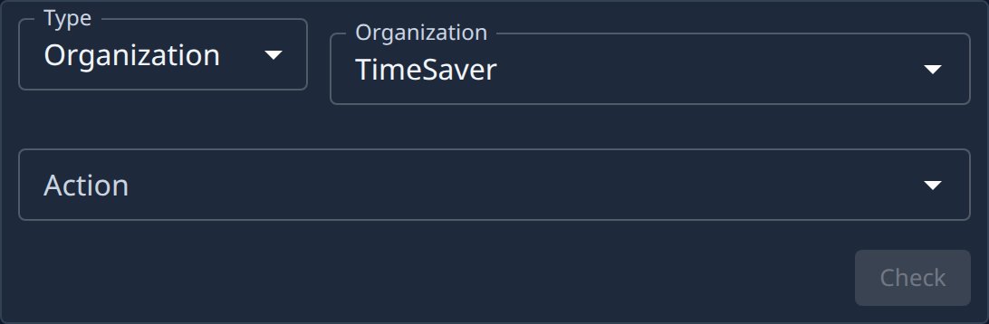 The Check access tab: Type, Organization, Action and Check