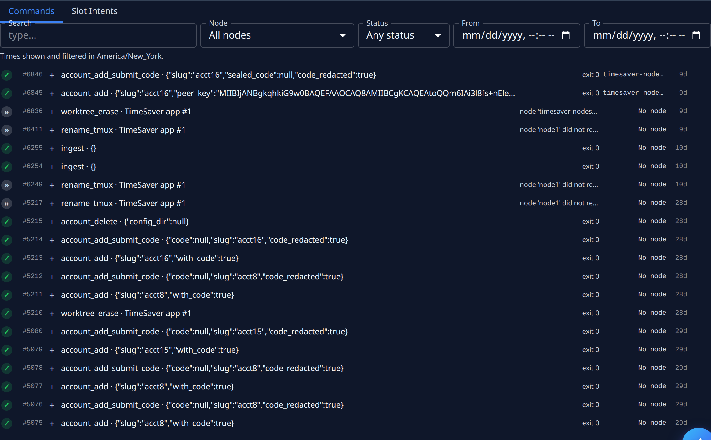 The Commands list: the filters and one row per command