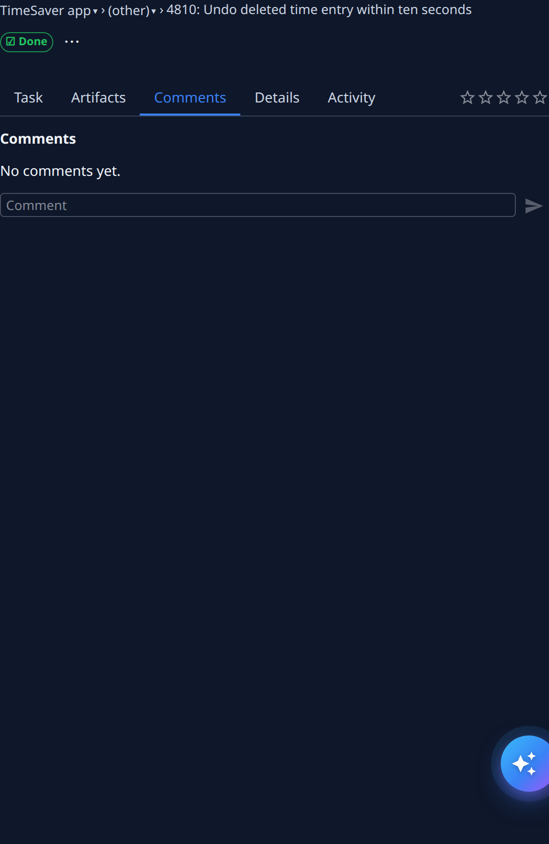 The Comments tab: No comments yet., the Comment box and its send arrow