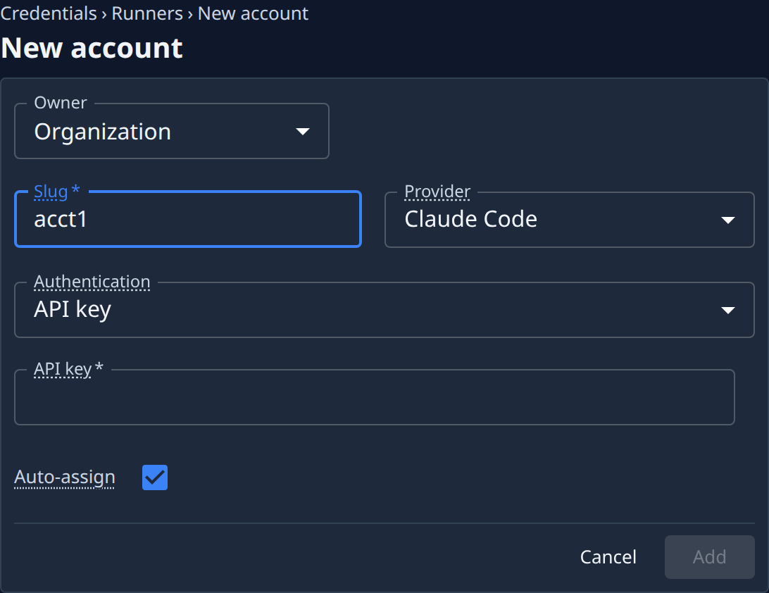 The New account form: Owner, Slug, Provider, Authentication, API key, Auto-assign, Cancel and Add