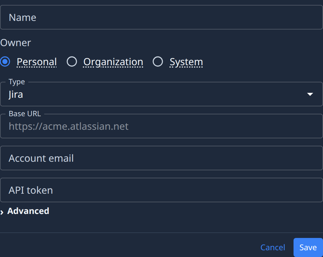 The New credential form: Name, Owner, Type, the Jira fields, Advanced, Cancel and Save