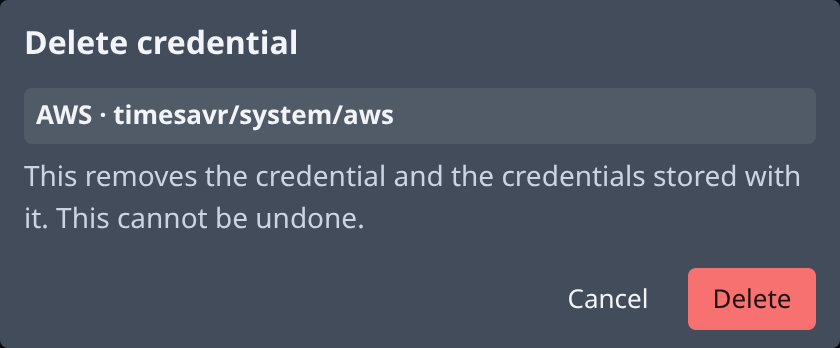 The Delete credential dialog naming the credential, with Cancel and Delete
