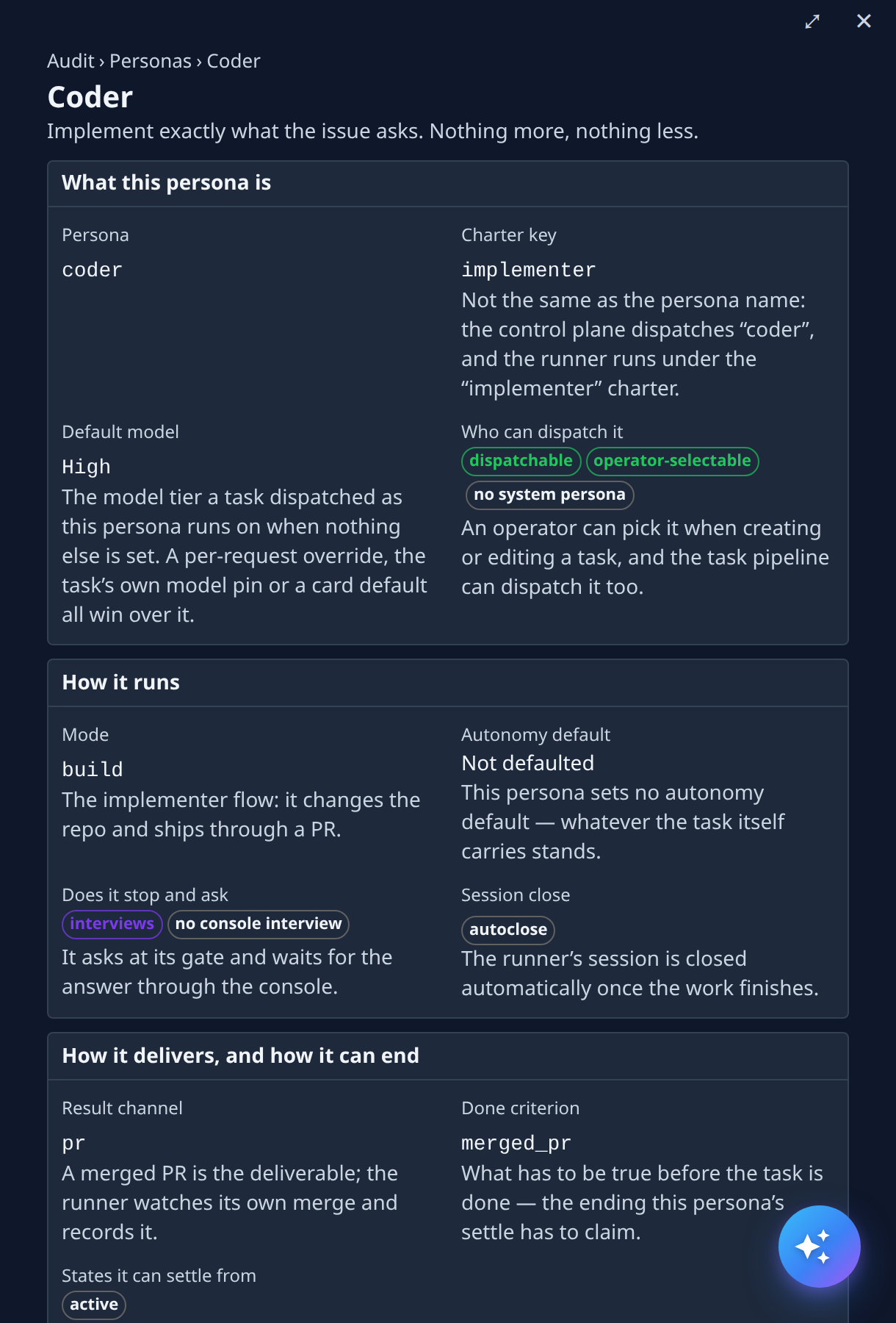 A persona's page: its name and purpose, then the cards What this persona is and How it runs