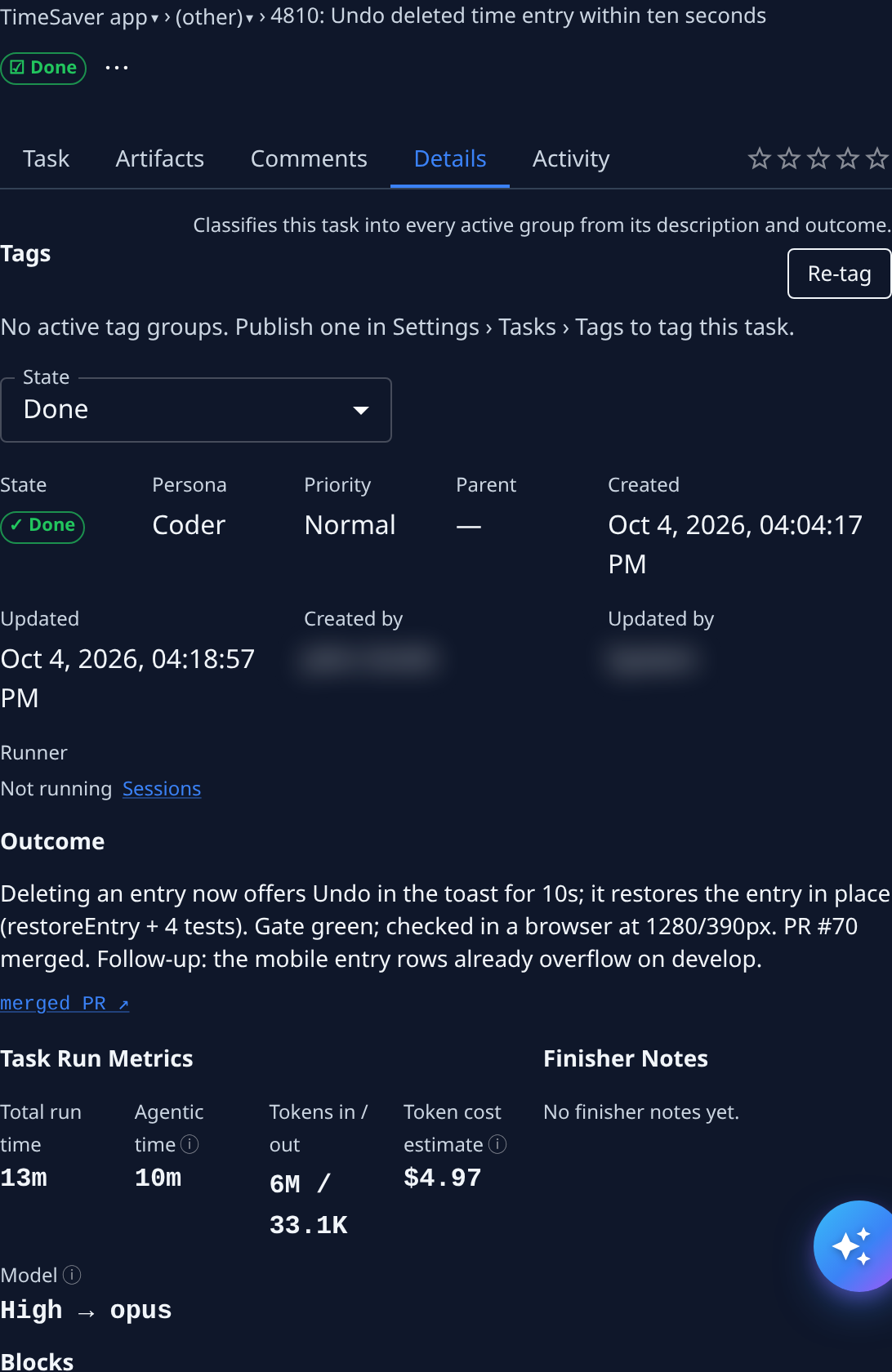 The Details tab: Tags with Re-tag, the State menu, the fields State, Persona, Priority, Parent, Created, Updated, Created by, Updated by, Runner, then Outcome, Task Run Metrics and Finisher Notes