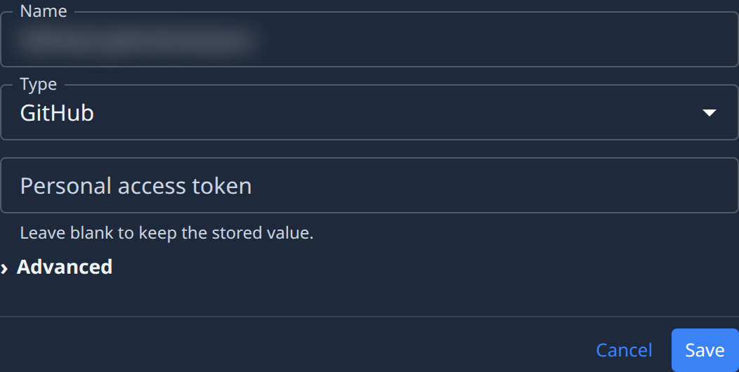 The Details tab of a GitHub credential: Name, Type, Personal access token, Advanced, Cancel and Save