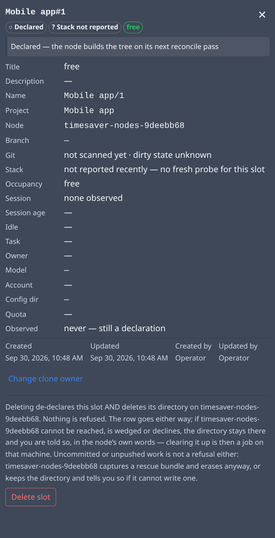 The details panel of a free slot that's not built yet: its status chips, fields, and the Delete slot button
