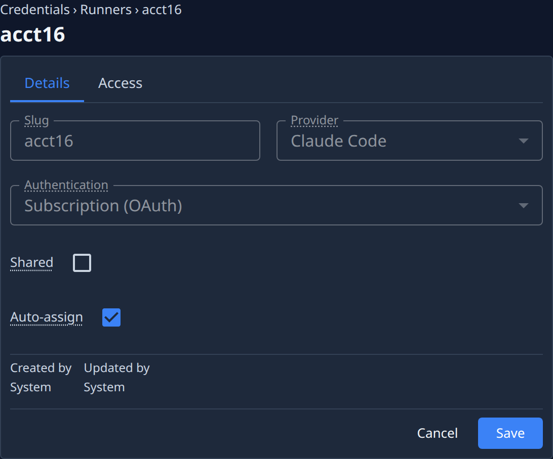 The Details tab of a subscription account: Slug, Provider, Authentication, Shared, Auto-assign, who created and updated it, Cancel and Save