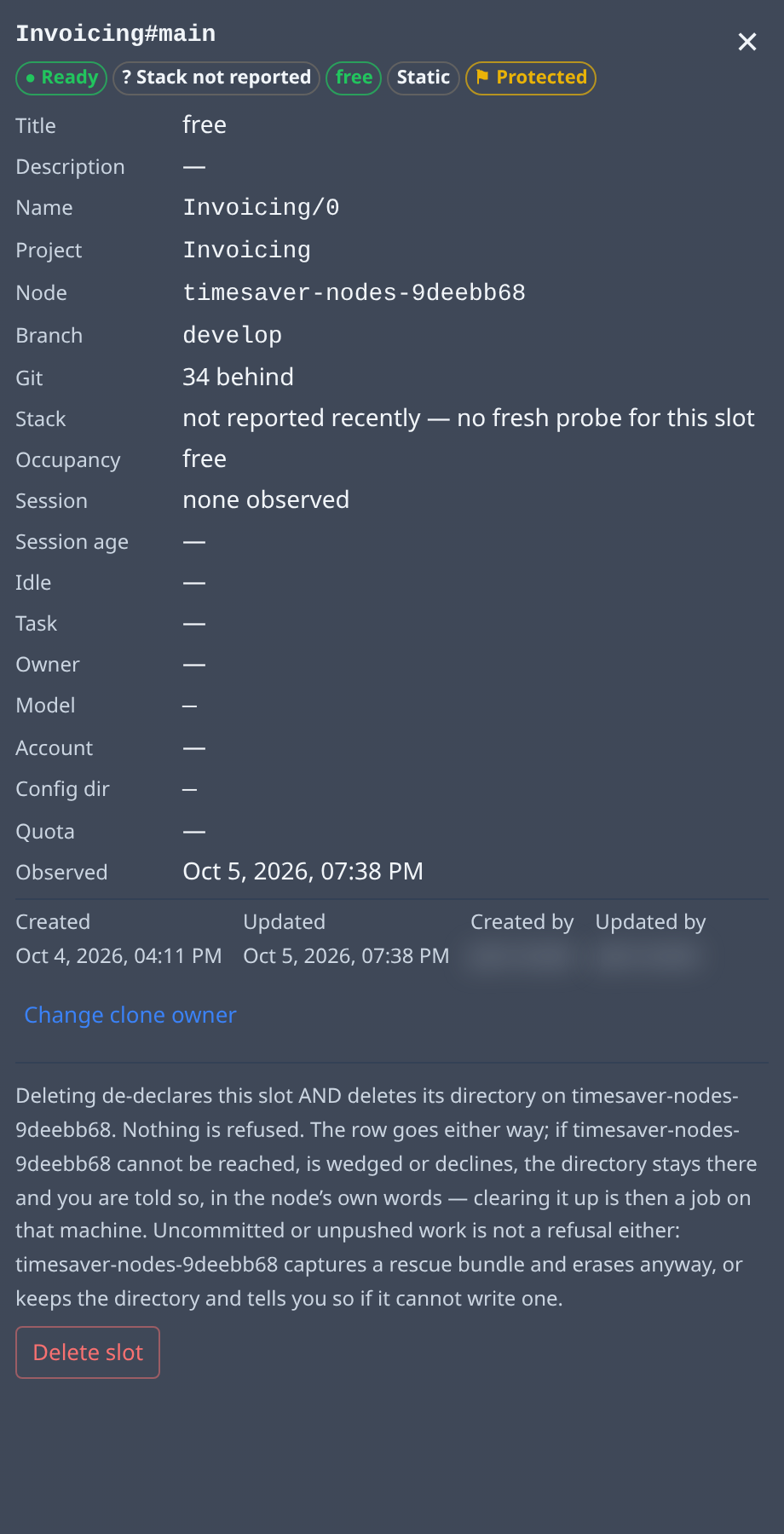 A slot's details panel: its status chips, its fields, and the actions it can take