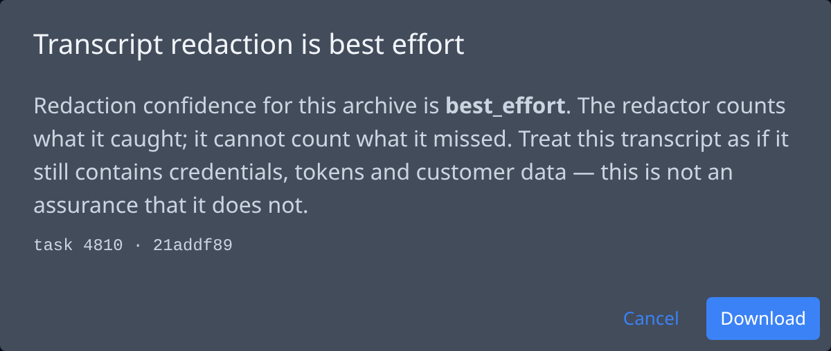 The warning before a download: Transcript redaction is best effort, with Cancel and Download