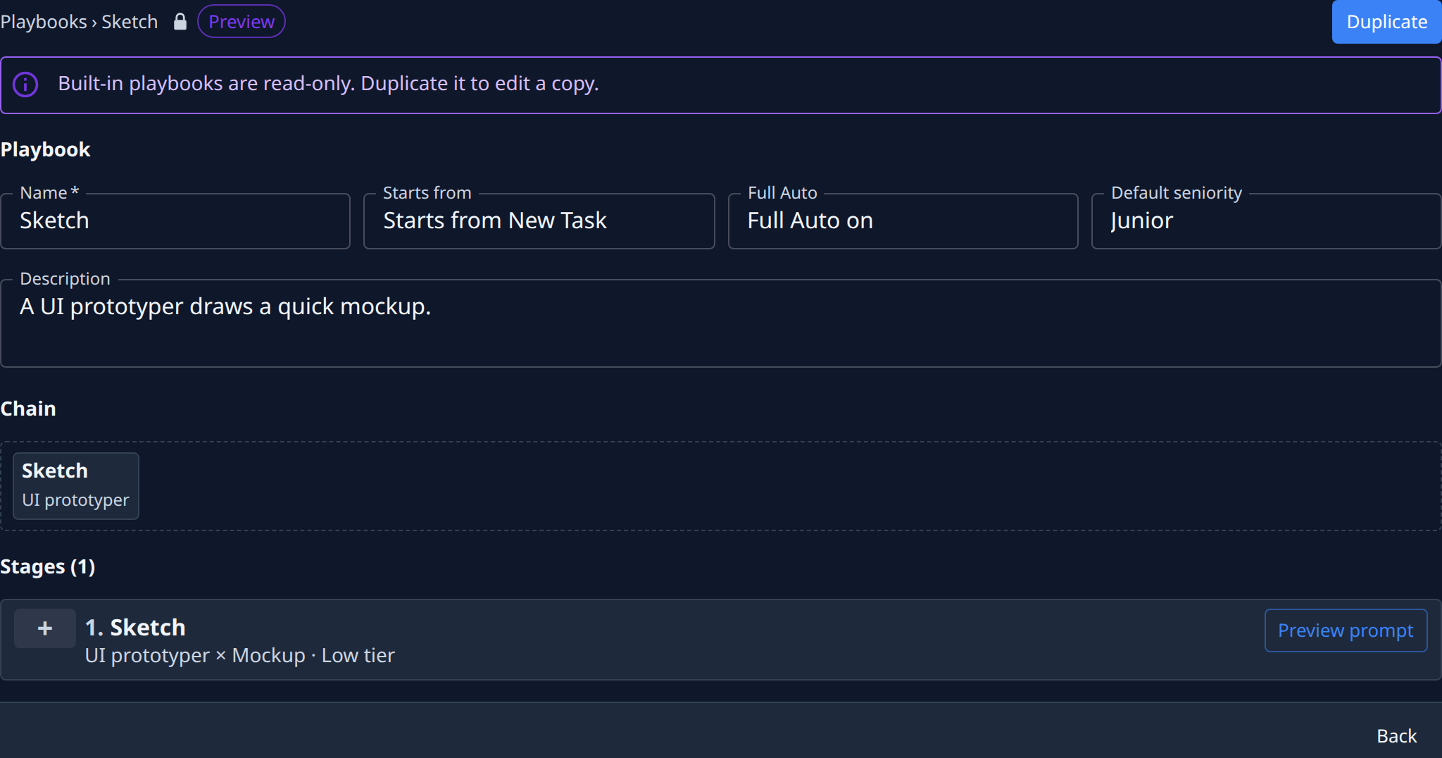 The built-in Sketch playbook, opened read-only, with Duplicate at the top right