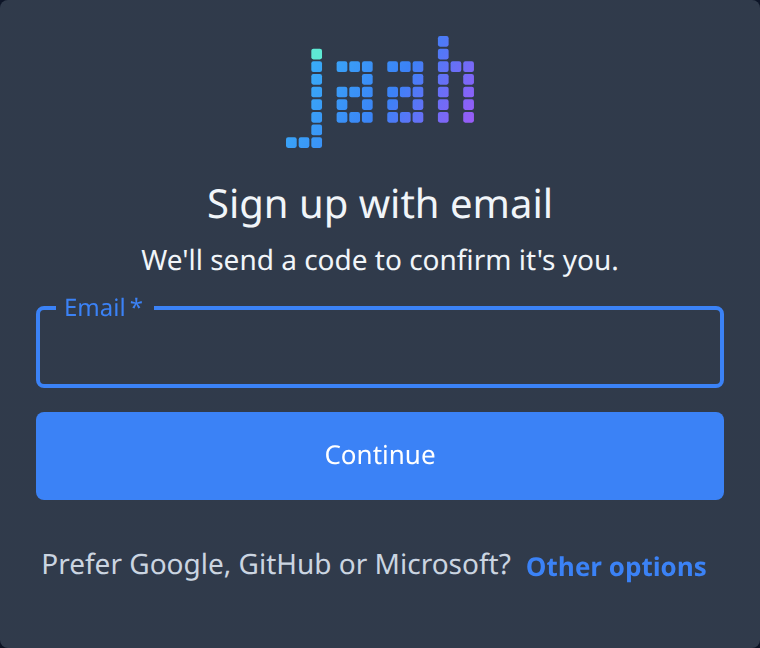 Sign up with email: the Email box, Continue, and Other options