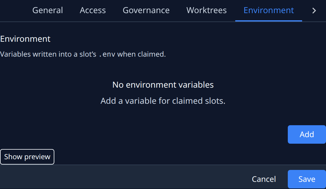 The Environment tab: no variables yet, Add and Show preview