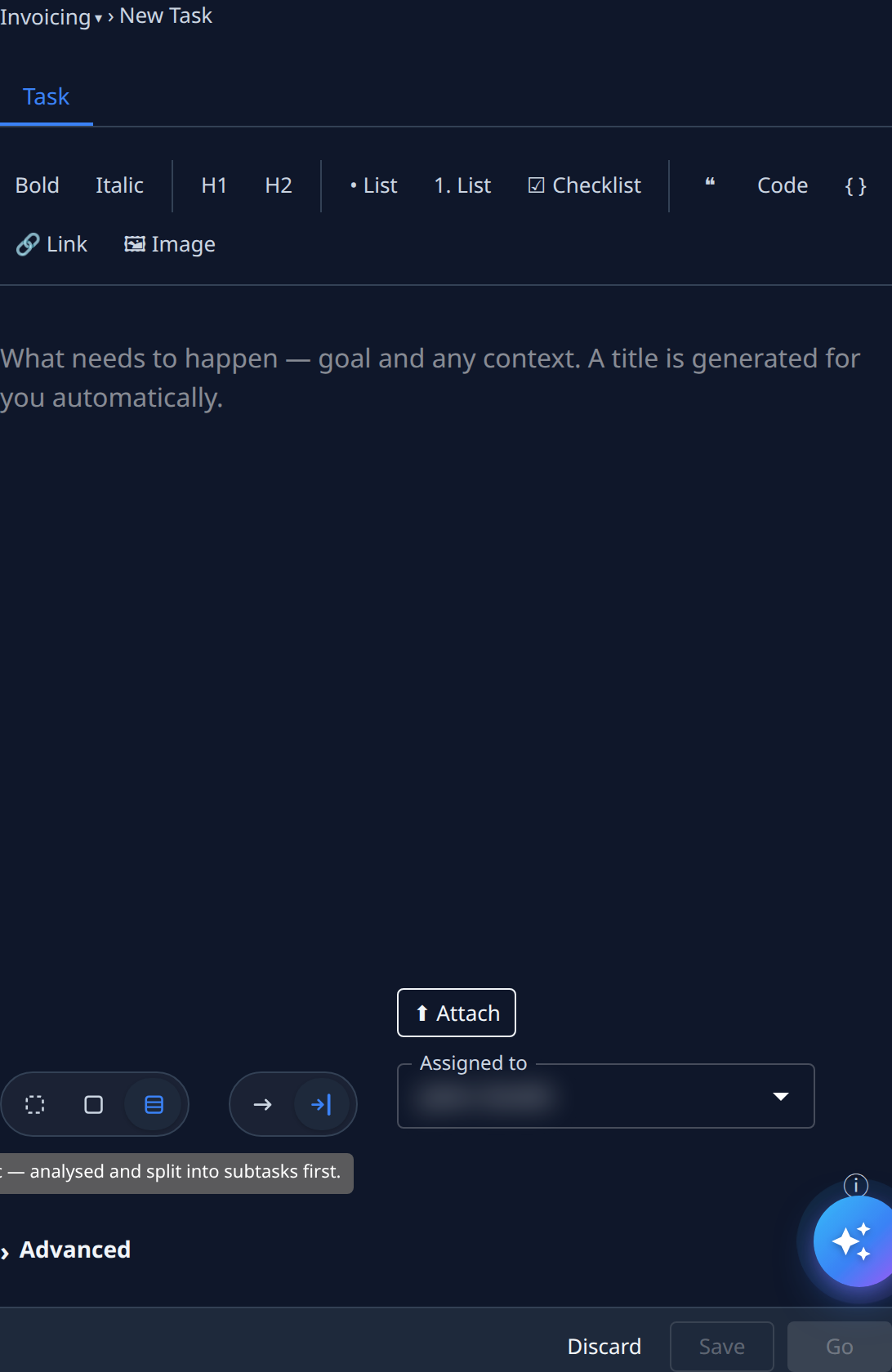 The new task form with Epic selected: the size buttons, the involvement buttons Unattended and Guided, Attach, Assigned to and Advanced