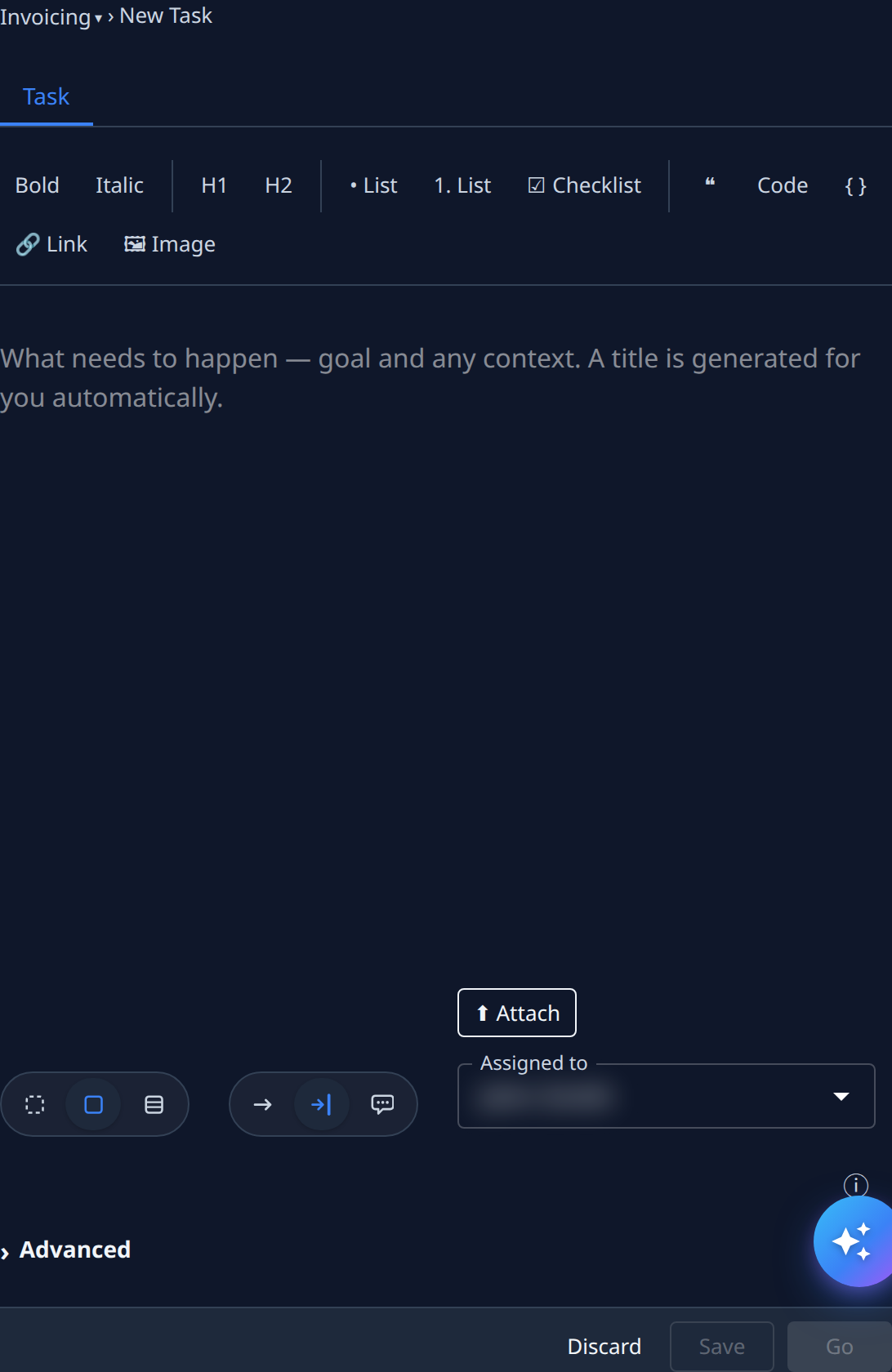 The new task form: the breadcrumb Invoicing › New Task, the formatting bar, the description box, the size and involvement buttons, Attach, Assigned to, Advanced, and Discard, Save and Go