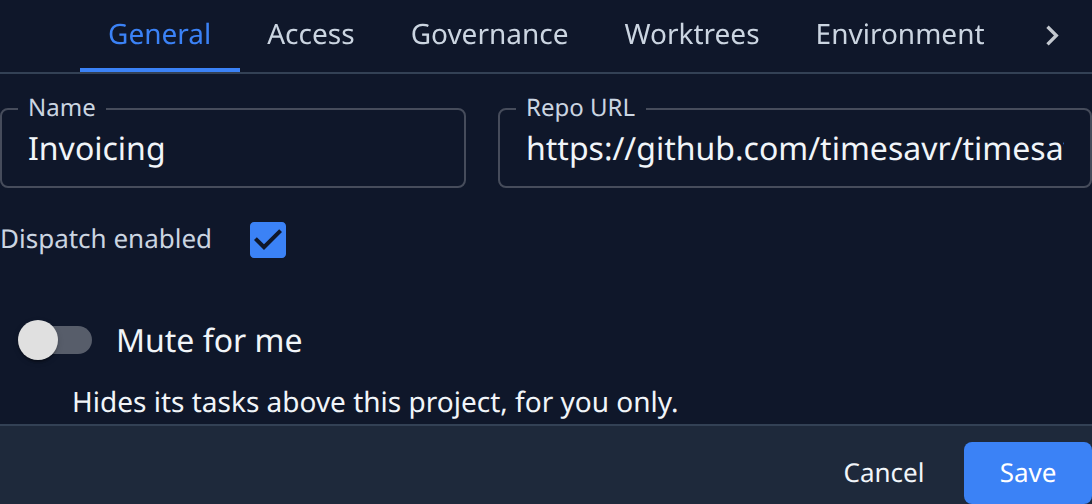 The General tab: Name, Repo URL, Dispatch enabled and Mute for me