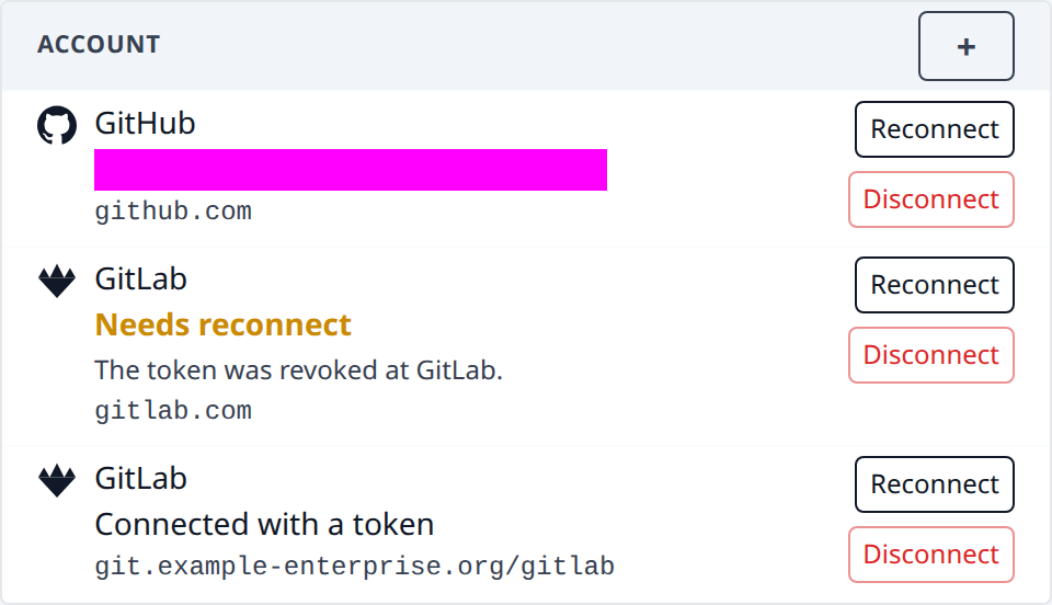 Git accounts: a table of connected accounts with + in its header