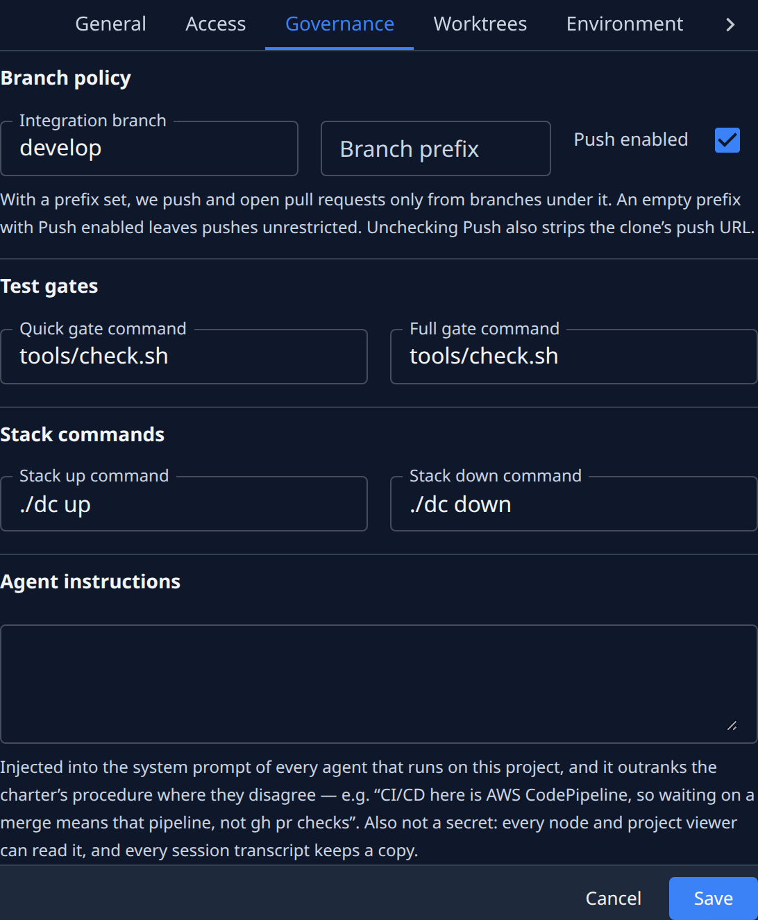 The Governance tab: Branch policy, Test gates, Stack commands and Agent instructions