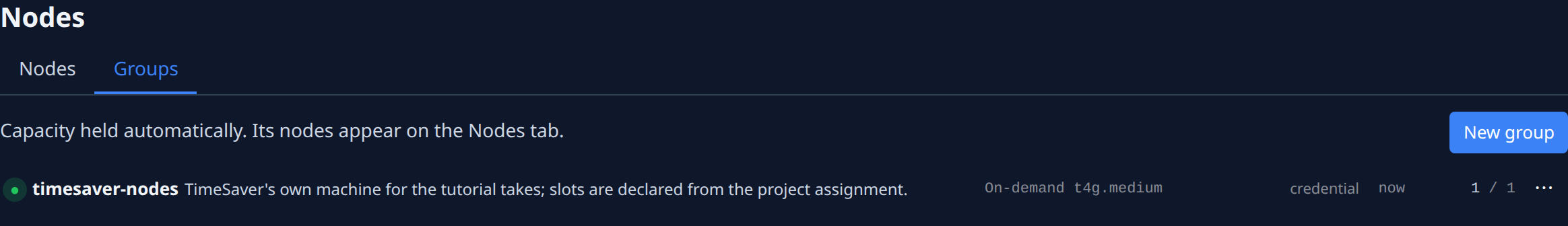 The Groups tab: one group with its market and instance type, and 1 / 1 nodes