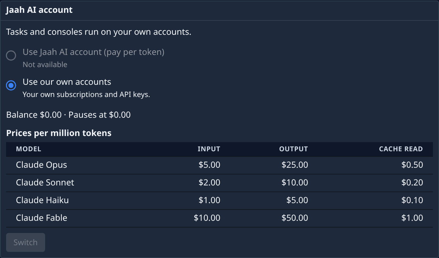 The Jaah AI account section, with its two options, the balance, and prices per million tokens