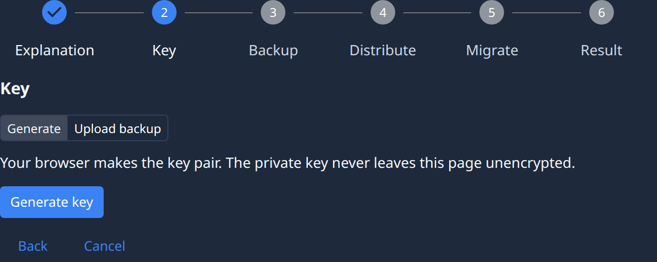 The Key step: the six steps above, Generate or Upload backup, and Generate key