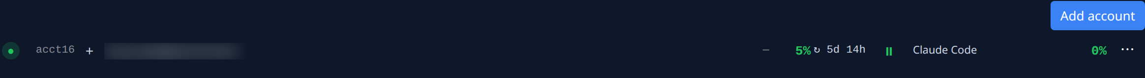 The Model Accounts list: one account with its status mark, slug, quota, provider and ⋯ menu, and Add account