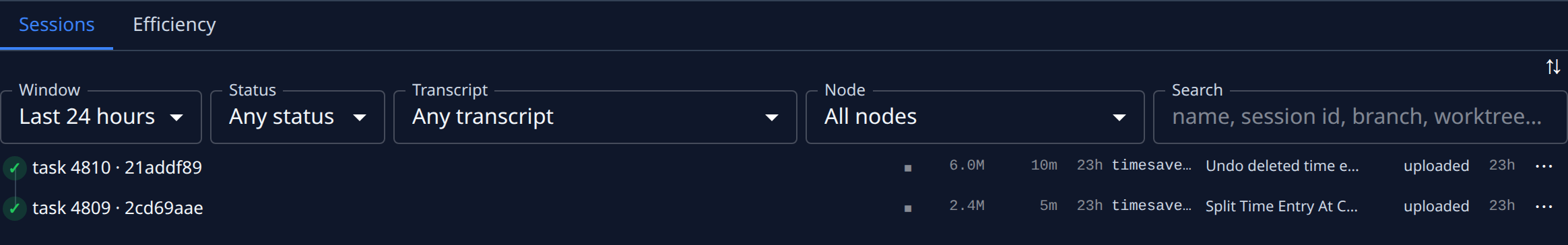 The Sessions list: the Window, Status, Transcript, Node and Search filters, and sessions with uploaded transcripts