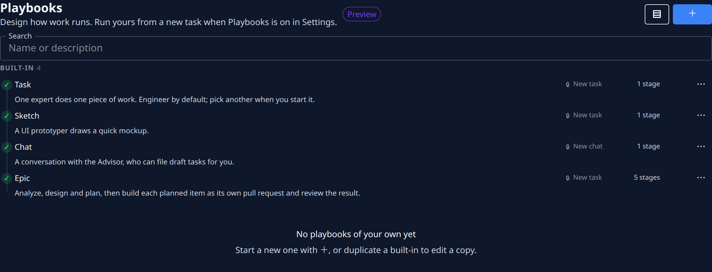 The Playbooks list: four built-in playbooks, each with its description, start point and stage count