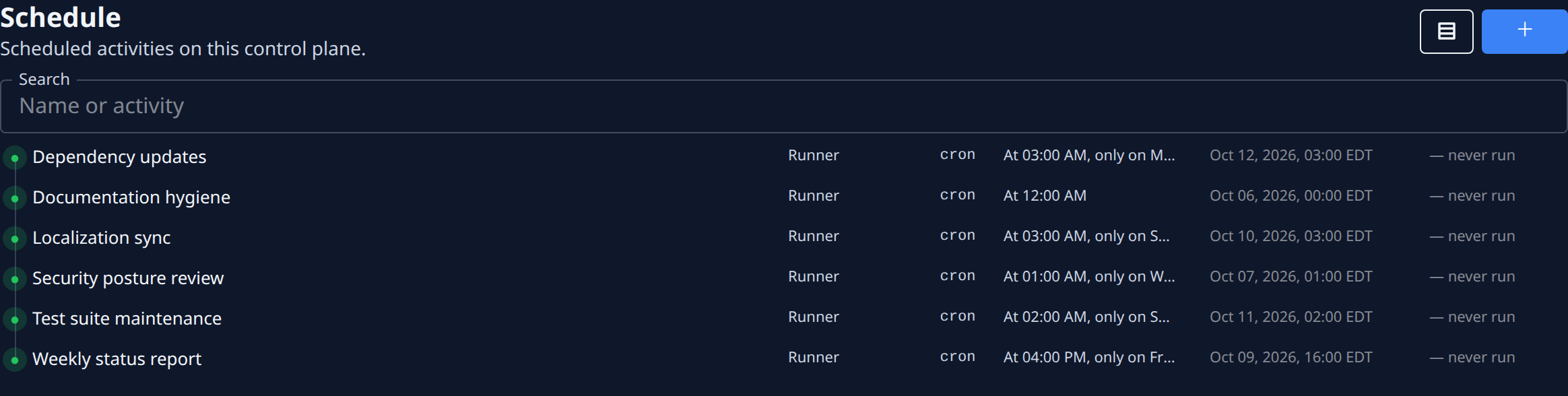 The Schedule tab: the tree view and + buttons, the Search box, and six crons, each with its name, the activity Runner, the kind cron, its schedule, its next firing and — never run