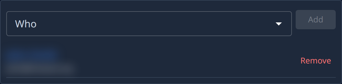 The Members tab: the Who picker and Add, then one member with Remove