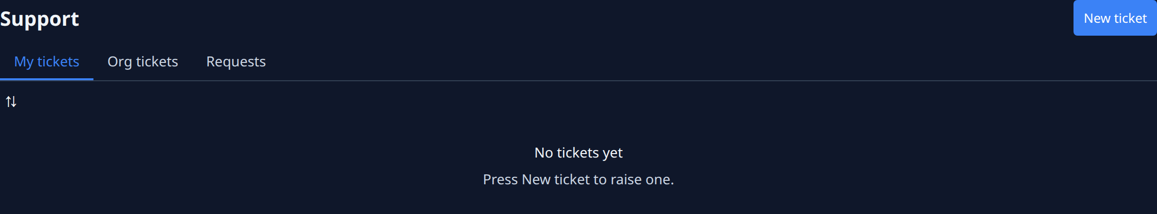 The Support page: New ticket, and the tabs My tickets, Org tickets and Requests, with no tickets yet