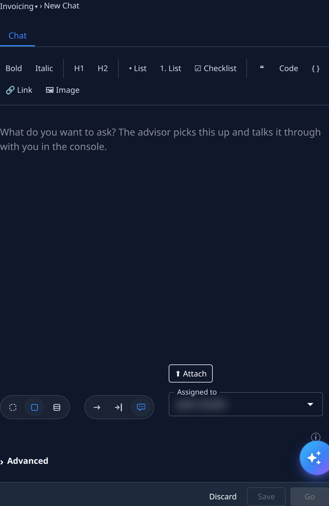 A new chat: the breadcrumb ending in New Chat, the Chat tab, and the description box asking What do you want to ask?
