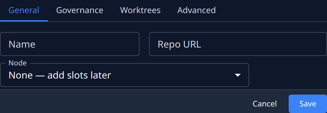 The New project form: Name, Repo URL and Node, with Cancel and Save