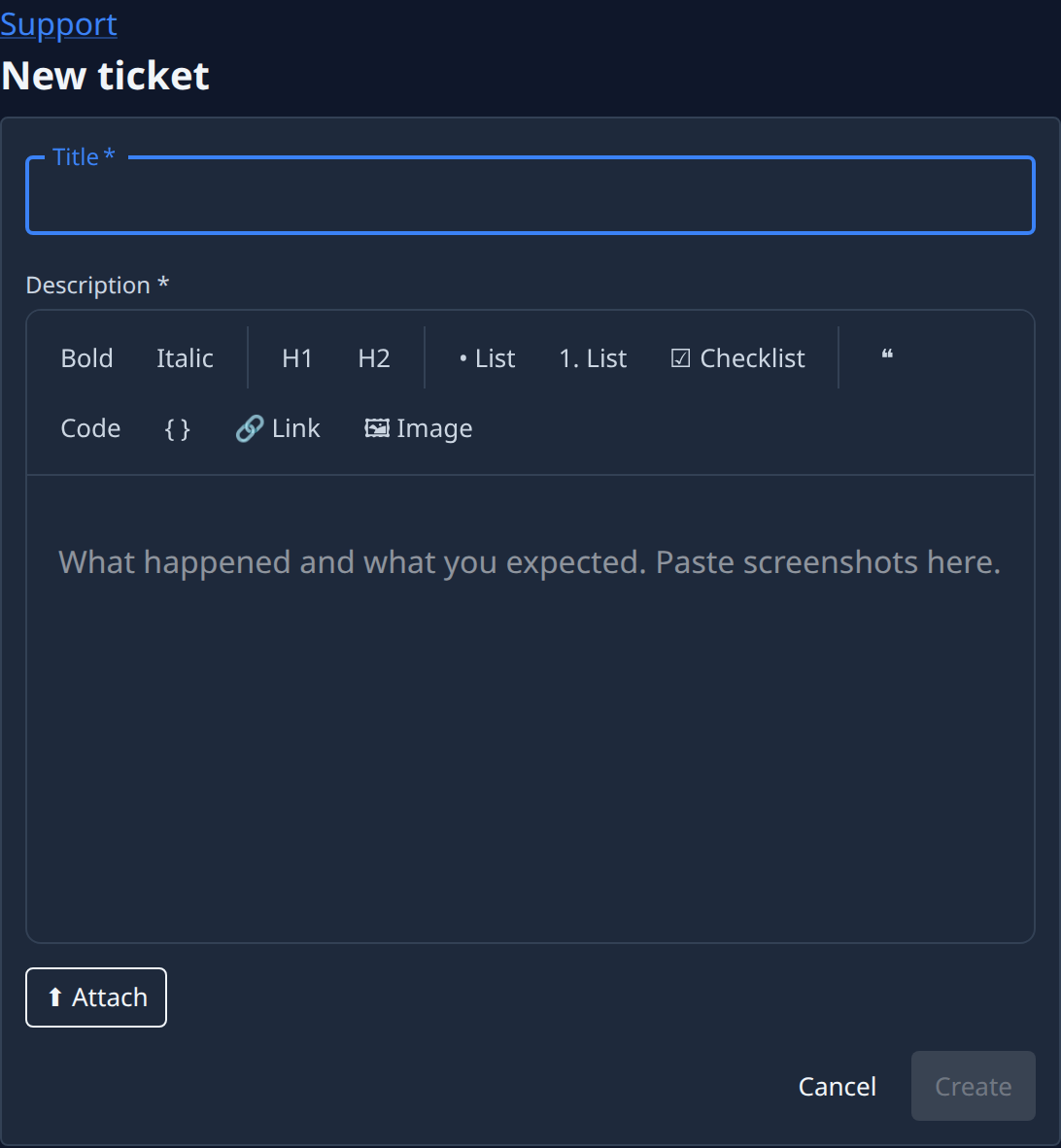 The New ticket form: Title, Description with its formatting bar, Attach, Cancel and Create