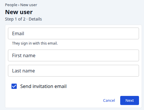 Step 1 of the New user page: Email, First name, Last name, Send invitation email, Cancel and Next