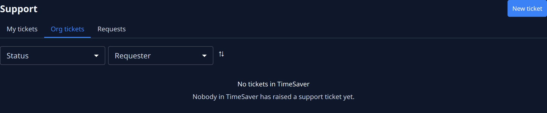 The Org tickets tab: the Status and Requester filters, the sort button, and no tickets in the organization
